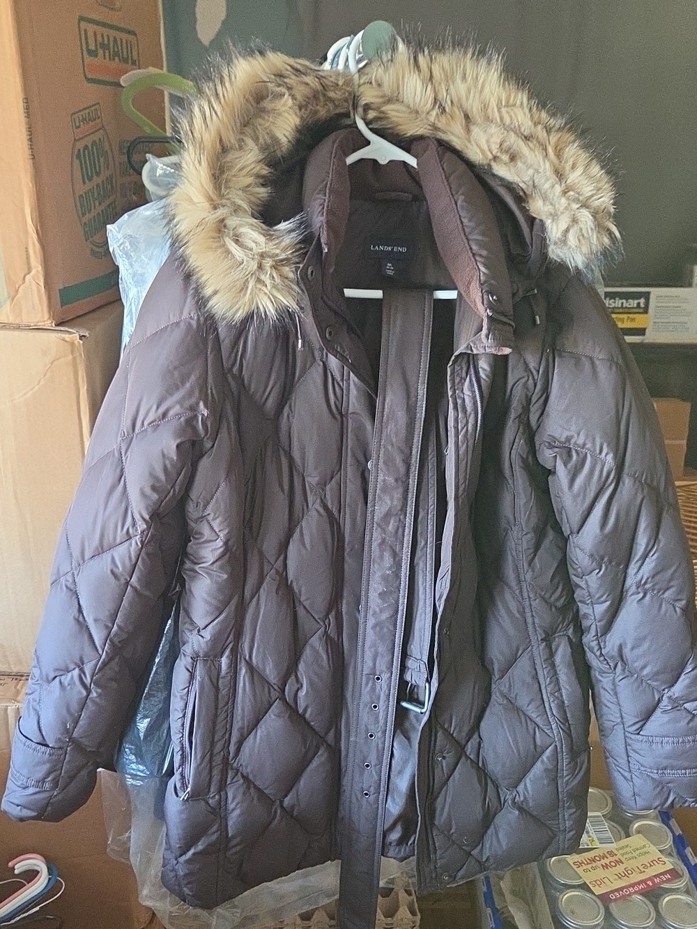 Lands' End Women's Chocolate Brown Quilted Down Puffer with Faux-Fur Hood